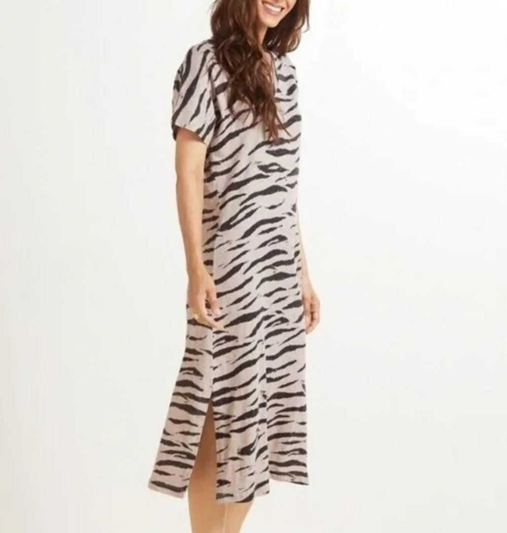 Rails Ren Tiger T-Shirt Midi Dress Size Small V-Neck Beige Black Cotton Stretch